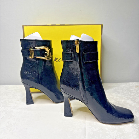 Circus by Sam Edelman Women’s Black Patent Ankle Boots Gold Buckle Zip Heel Size - Picture 2 of 9